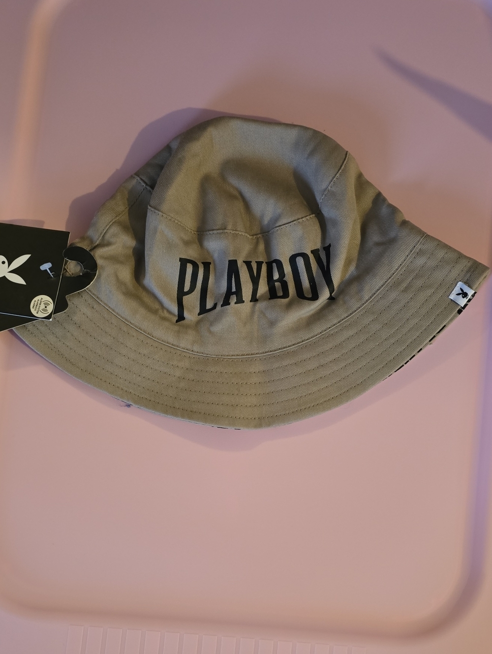 PLAYBOY Reversable Tan Bucket Hat with Black Logo